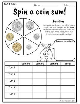 australian money worksheets spin a coin sum by our