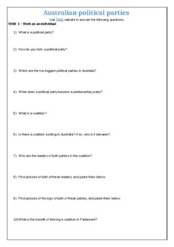 Preview of Australian political parties worksheet - editable