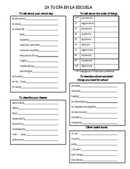Preview of Auténtico 1 - 2A: Tu día en la escuela vocabulary list