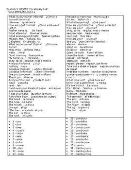 Preview of Autentico 1 Master Vocabulary Lists WORD docx (para empezar to chapter 9B)