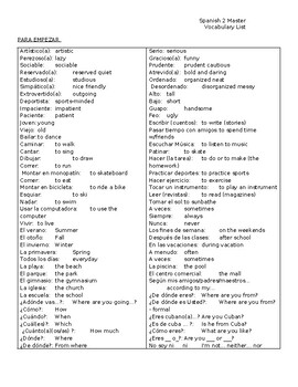 Preview of Autentico 2 Master Vocabulary Lists WORD docx (para empezar to chapter 9B)