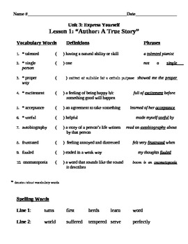 Preview of Author: A True Story Vocabulary List and Test for Treasures