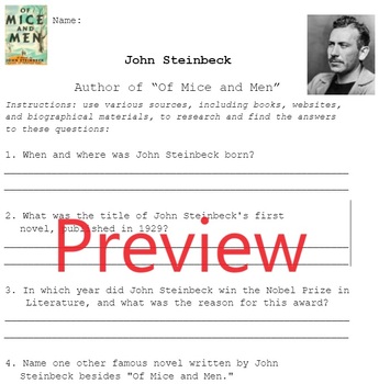 Preview of Author John Steinbeck Research Questions Worksheet