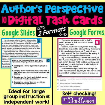 Preview of Author's Perspective Task Cards With Google Forms & Slides: 10 Practice Passages