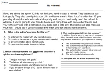Preview of Author's Point of View Worksheets (Version #3 - No to Helmets & Yes to Helmets)