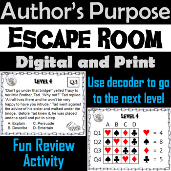 Preview of Author's Purpose Activity PIE'ED: Escape Room ELA Reading Comprehension Passages