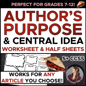 Preview of Author's Purpose & Central Idea Worksheet for ANY Article!