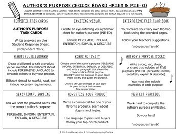 Author's Purpose Choice Board/ Menu (Support Pages and Task Cards Included)