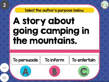 Author's Purpose ~ Interactive PPT game with 36 questions, grades 2-4