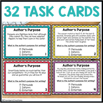 Author's Purpose 32 Task Cards persuade inform entertain review