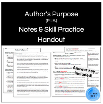 Preview of Author's Purpose (P.I.E.) Notes Handout & Practice With Answer Keys