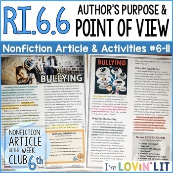 Preview of Author's Purpose & Point of View RI.6.6 | Bullying Article #6-11