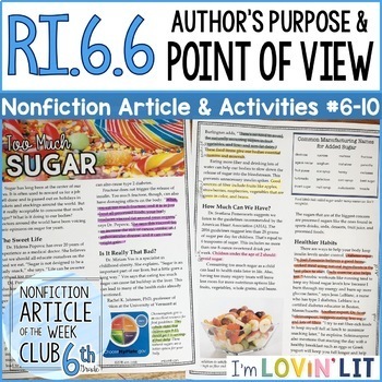 Preview of Author's Purpose & Point of View RI.6.6 | Too Much Sugar Article #6-10