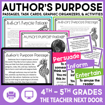Preview of Author's Purpose Activity, Graphic Organizer, Task Cards, Passages and Questions