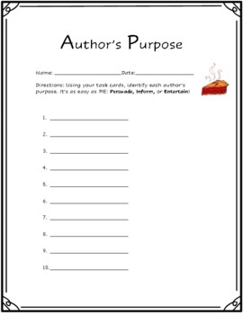 Preview of Author's Purpose Task Card Answer Sheet