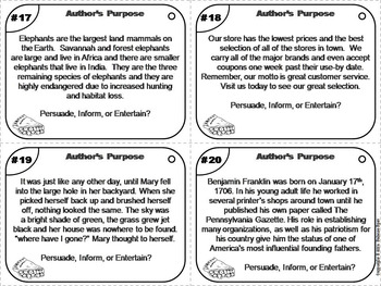 Author's Purpose Task Cards (PIE) 4th 5th 6th 7th Grade Reading
