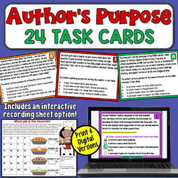 Preview of Author's Purpose Task Cards PIE'ED: Analyze 24 Passages 4th, 5th, 6th Grade