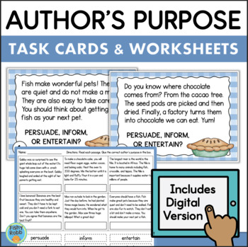 Preview of Author's Purpose Task Cards Worksheets 2nd Grade Reading Comprehension Passages