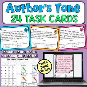Preview of Author's Tone Task Cards in Print and Digital: 24 Practice Passages