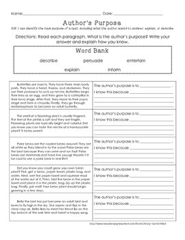 Author's Purpose Assessment or Practice Sheet by Jenny Carroll | TpT