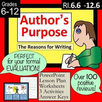 Preview of Author's Purpose PPT, FORMAL EVALUATION lesson plan, worksheet and MORE!