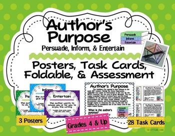 Preview of Author's Purpose Posters, Task Cards, Foldable, Test: Persuade Inform Entertain