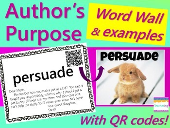 Preview of Author's Purpose Word Wall {with Example Passages & QR Codes}