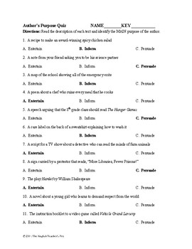 Author's Purpose Worksheet with Answer Key by The English Teacher's Pet