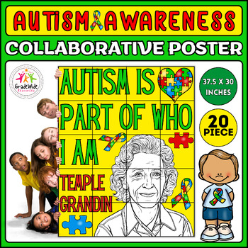 Preview of Autism Acceptance Craft: Temple Grandin Collaborative Coloring Poster Door Decor
