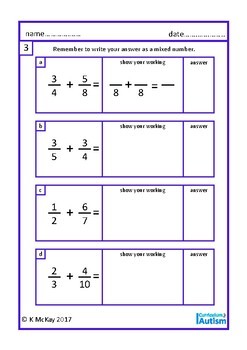 Autism Addition Subtraction of Fractions with Scaffolding Worksheets ...