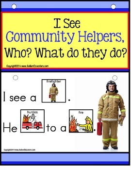Preview of AUTISM READING Build A Sentence with Pictures Interactive COMMUNITY HELPERS