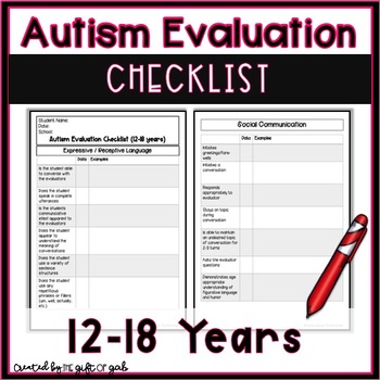 Autism Checklist 12 to 18 Years by The Gift of Gab | TpT