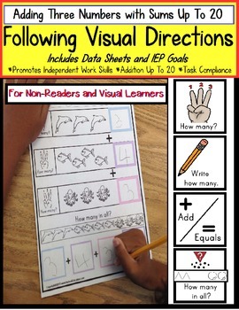 Preview of Autism  FOLLOWING VISUAL DIRECTIONS Addition Worksheets for NON-READERS & Data