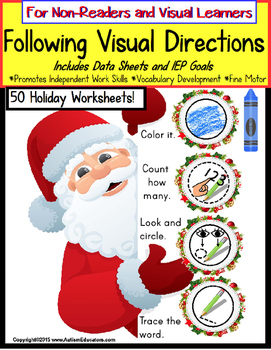 Preview of Following Visual Directions Winter Holiday Worksheets with Data for Autism