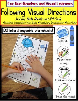 Preview of Autism FOLLOWING VISUAL DIRECTIONS Worksheets for NON-READERS Data/IEP Goals