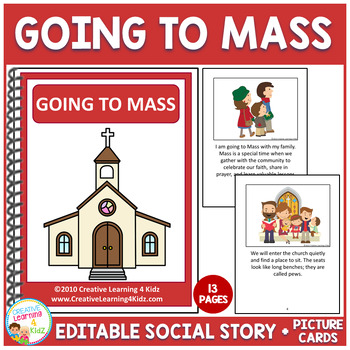 Preview of Social Story Going to Mass Book (Editable) + 30 Picture Cards Church Autism
