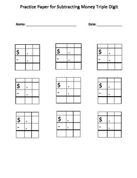 Preview of Subtracting Money: Autism Math: Blank Practice Sheet for  (Triple Digit)
