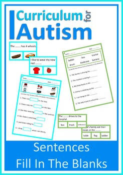 Preview of Reading Comprehension Sentences Fill in Blanks Worksheets Cards Autism