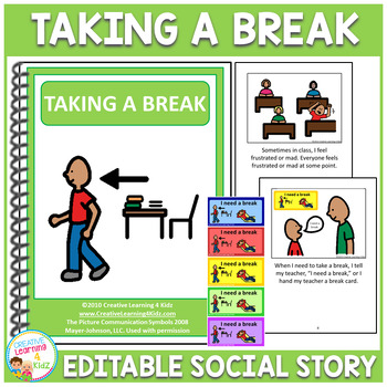 Preview of Social Story Taking a Break Book + Break Cards (Editable) Behavior Autism