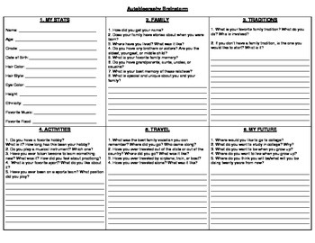 Preview of Autobiography Brainstorm/Graphic Organizer Template