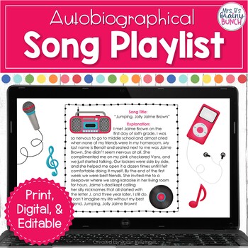 Preview of Autobiography Personal Narrative Writing Activity | All About Me Song Playlist 