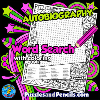 Preview of Autobiography Word Search Puzzle Activity with Coloring | Literature Wordsearch