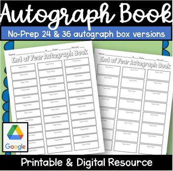 Preview of Autograph Book Digital Printable Google memory book easy End of Year activity