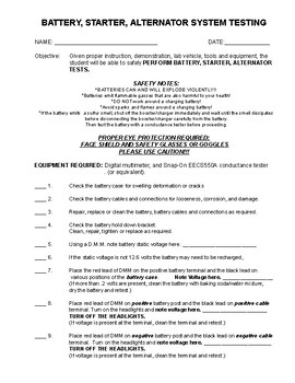 Preview of Automotive Battery, Starter, Alternator Test Lab Sheet