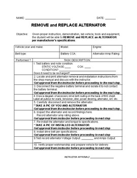 Preview of Automotive Remove and Replace Alternator Lab Sheet
