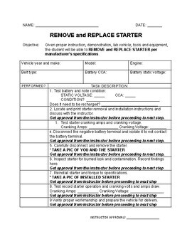 Preview of Automotive Remove and Replace Starter Lab Sheet