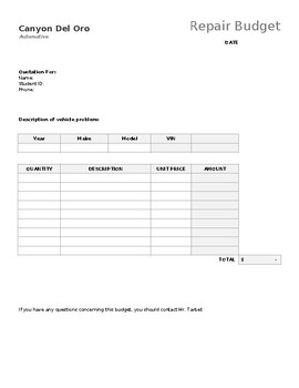 Preview of Automotive Repair Order Form Spreadsheet