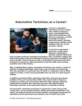 Preview of Automotive Technician Career Worksheet!