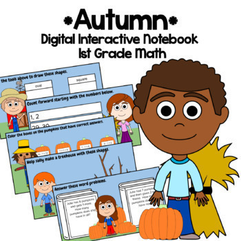 Preview of Autumn 1st Grade Interactive Notebook Google Slides | Math Skills Review