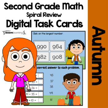 Preview of Autumn 2nd Grade Digital Task Cards Boom Cards™ | Math Skills Review